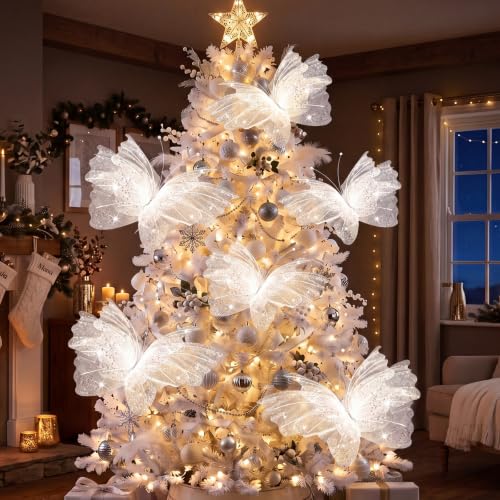 Glitter White Butterfly Christmas Decorations Set - 6 Large & Small Ornaments