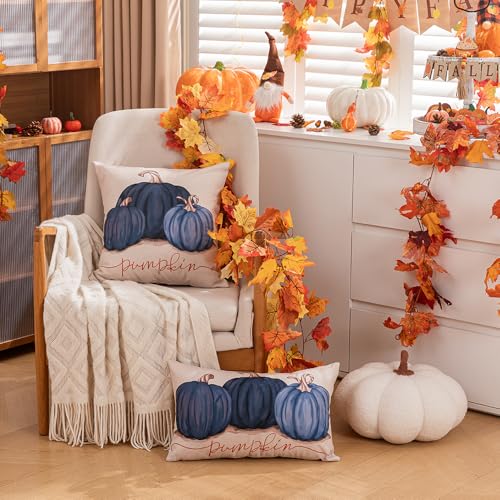 Blue Pumpkin Linen Pillow Cover 12x20 - Autumn Sofa Decor