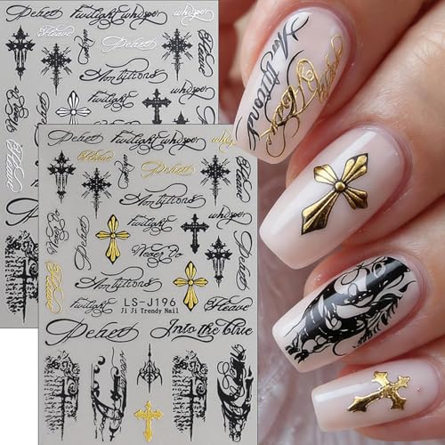 Gothic Cross Nail Stickers Black and Gold Self-Adhesive Decals 4 Sheets