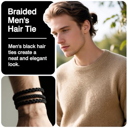 Brvlsoc Braided Black Hair Ties for Men - 10 Pack Strong Elastic Bands