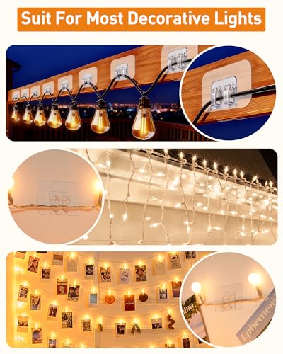 Heavy Duty Outdoor String Light Hooks 100-Pack - Transparent Self-Adhesive Clips