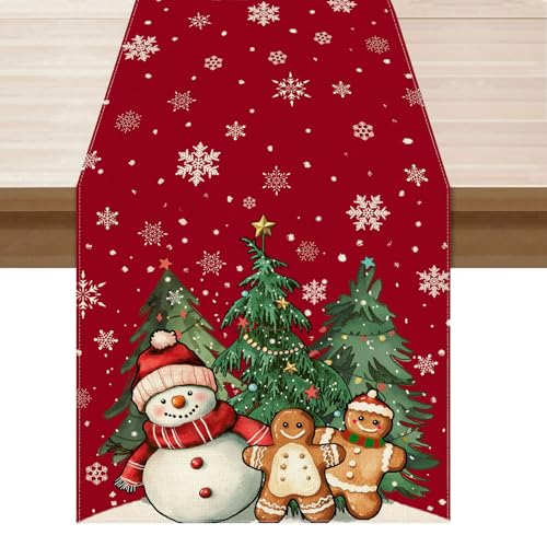 Christmas Table Runner 13x72 Inch Red Snowman Gingerbread Man Holiday Decor
