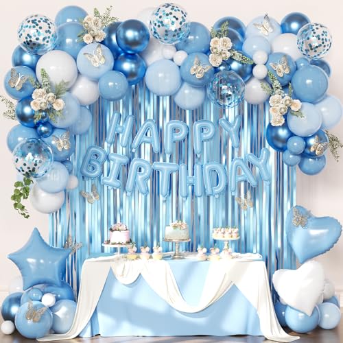 Dusty Blue Birthday Decorations Set for Girls & Women | Balloons & Fringe Curtains