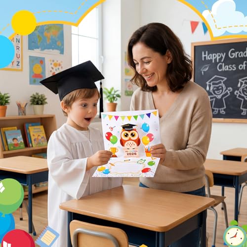 Kindergarten Graduation Pop-Up Card 2026 with Owl & Balloons