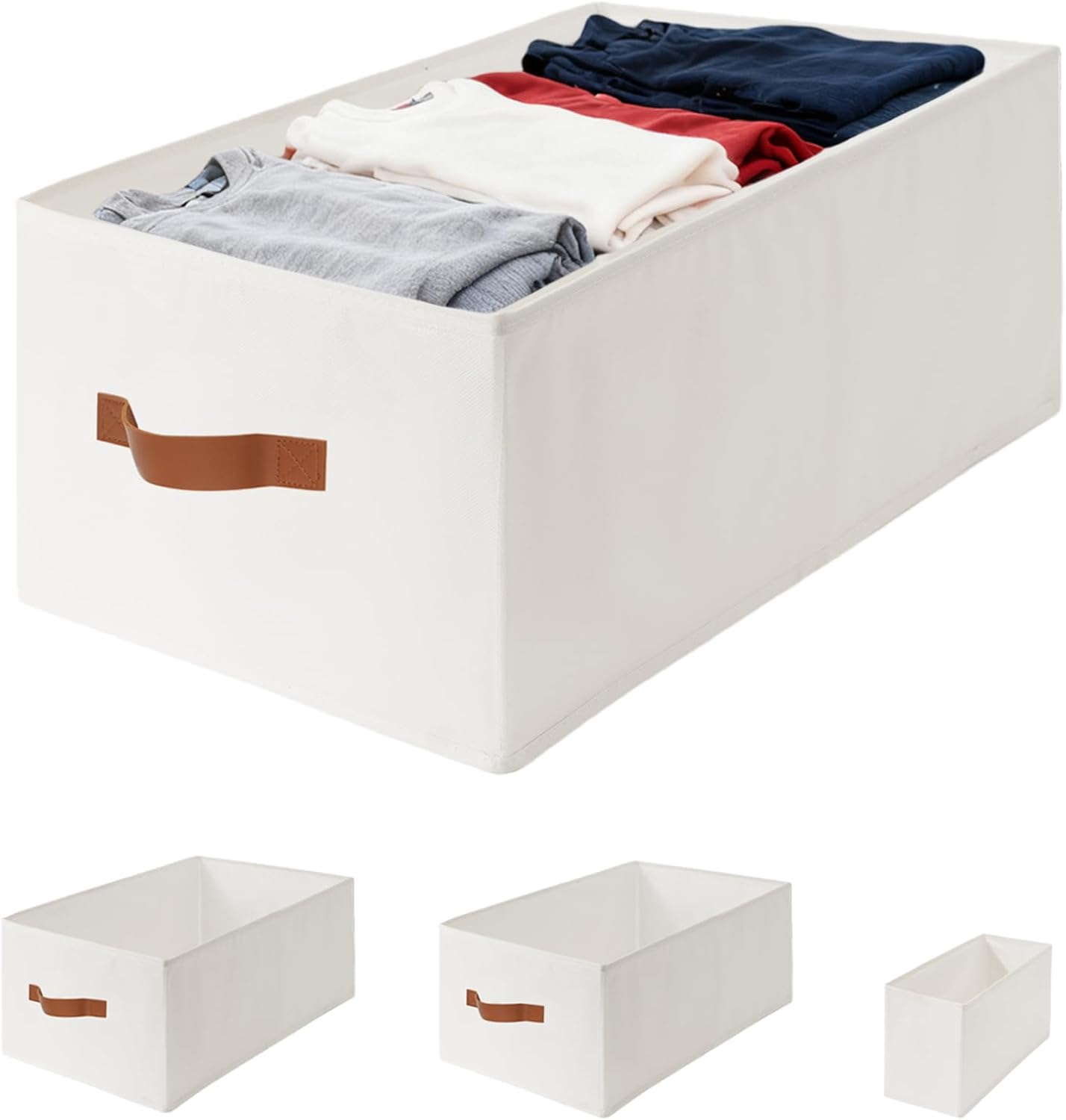 Skiennix Large Oxford Fabric Storage Bins - Sturdy Foldable Organizer Baskets with PU Handles | White 4-Pack