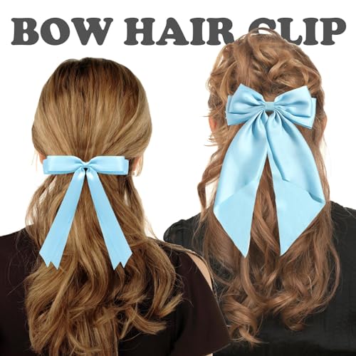LYDZTION Satin Hair Bow Clip Set with Tassel Ribbons - Blue