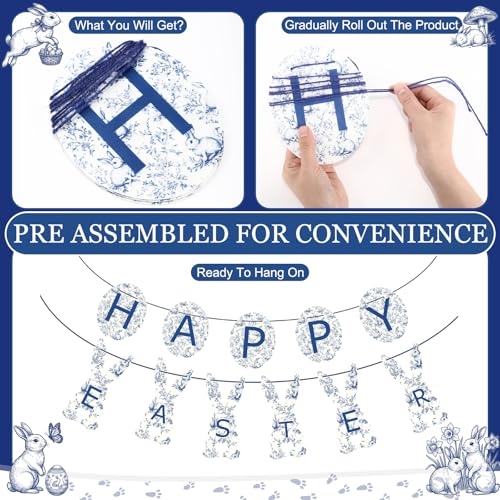 Chinoiserie Easter Banner with Velvet Ribbon - Blue & White Floral Decor