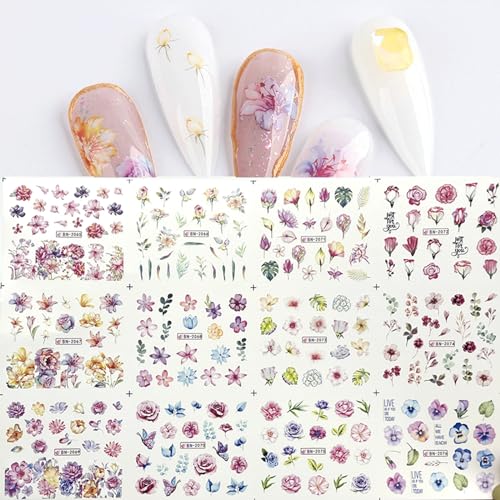 24 Sheets Floral Nail Stickers Water Transfer Pink Blue Flowers Decals