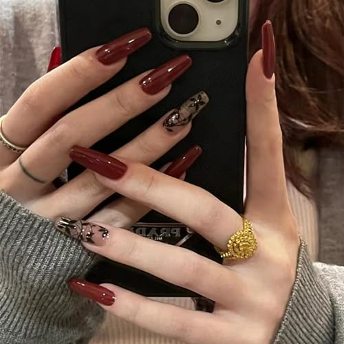 Burgundy Floral Press on Nails Long Square False Nails Kit with Black Leaf