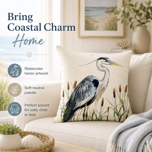Watercolor Heron Throw Pillow Cover 18" x 18" - Blue Heron Design