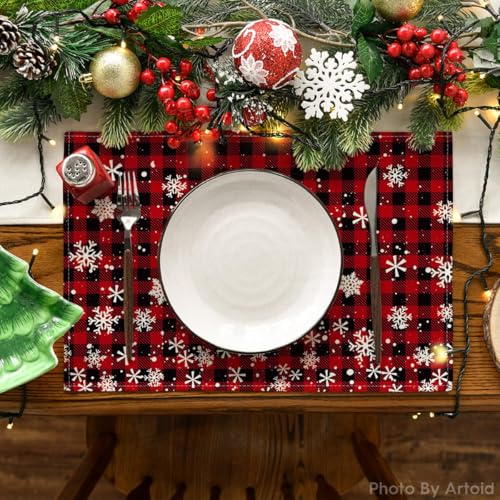 12x18 Inch Red and Black Buffalo Plaid Snowflakes Christmas Placemats Set of 8
