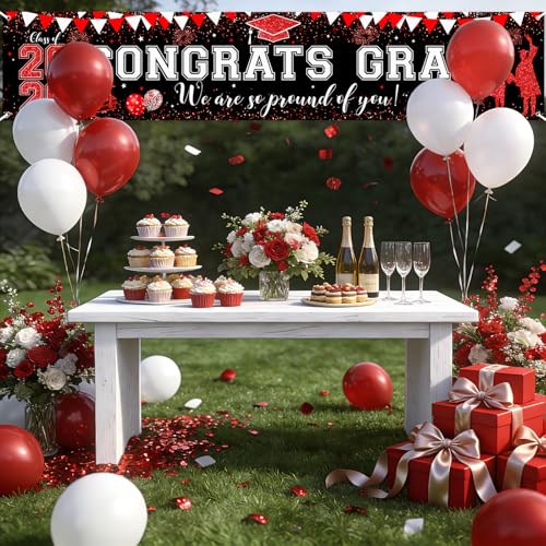 Large Red Black Graduation Banner - Class of 2026 Congrats Grad