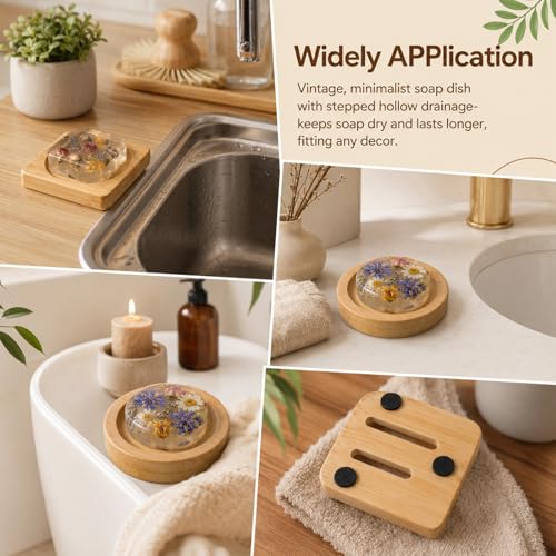 2Pcs Bamboo Soap Dish Holders - Wooden Shower Soap Trays with Drainage