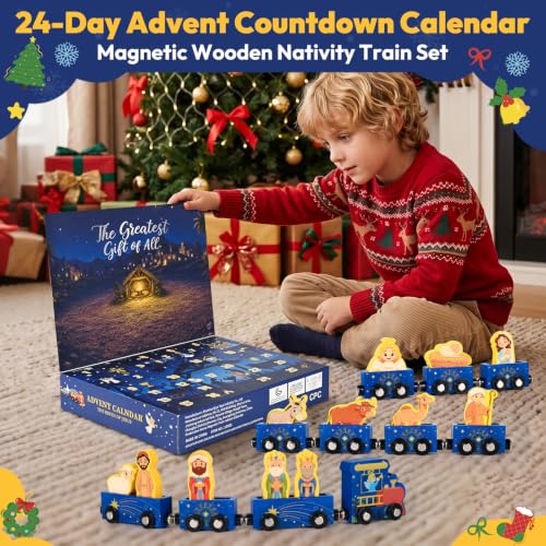 Nativity Train Advent Calendar for Kids and Toddlers, Wooden Holiday Countdown