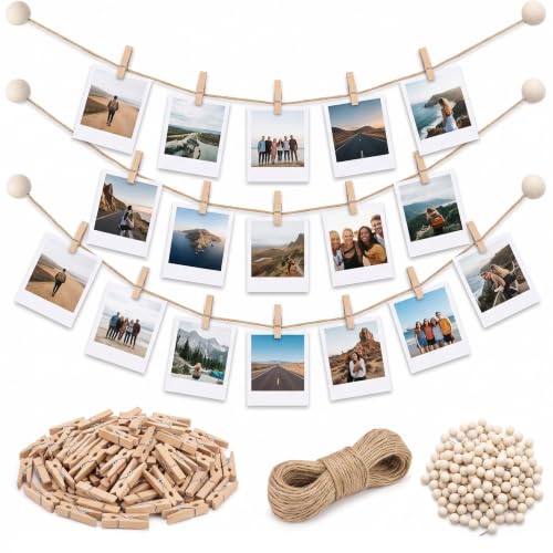 Hanging Photo Display Kit with 100 Wooden Clips & 65ft Rope