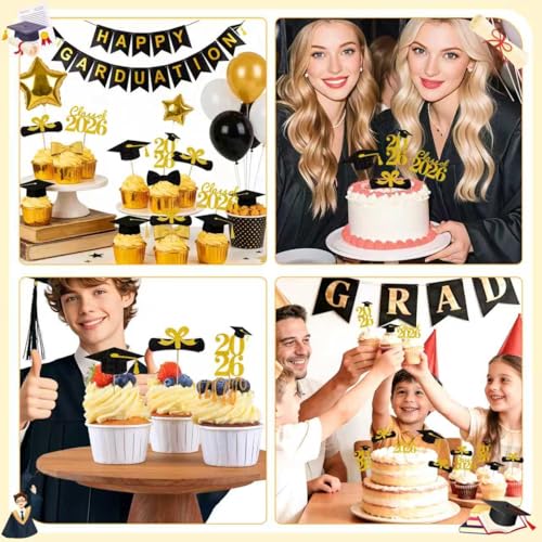 Graduation Cupcake Toppers 2026 - 24 Pack Gold Glitter Decor