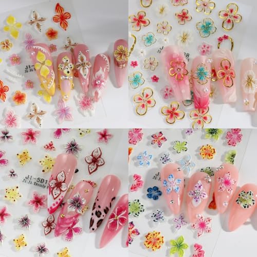 5D Embossed Floral Nail Stickers Lily & Hibiscus Decals, 4 Sheets