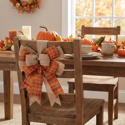 Kutyndrix Fall Wreath Bow - Orange Burlap & Plaid Ribbon 9.4 x 11.8 Inch