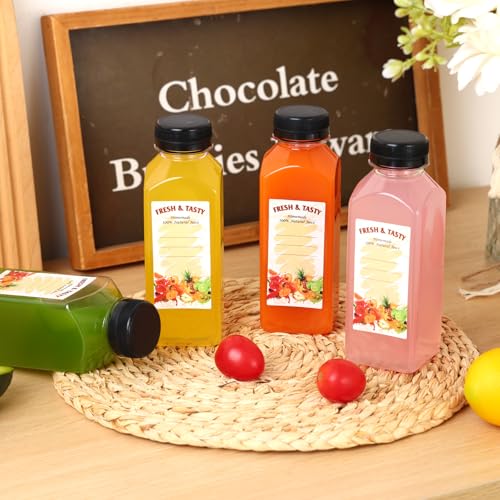 10 Pack 12oz Plastic Juice Bottles with Caps & Labels - Reusable Food-Grade PET