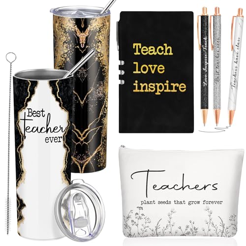 Black Teacher Appreciation Gift Set with Tumbler Notepad & Makeup Bag - 6 Pieces