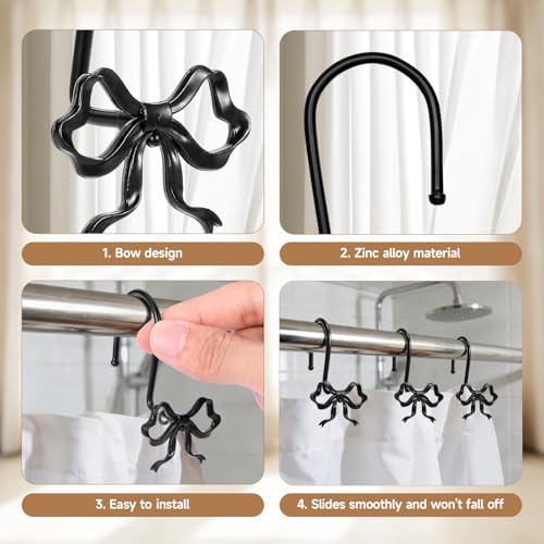 12 Pack Black Metal Bow Shower Curtain Hooks – Rustproof Bathroom Decor