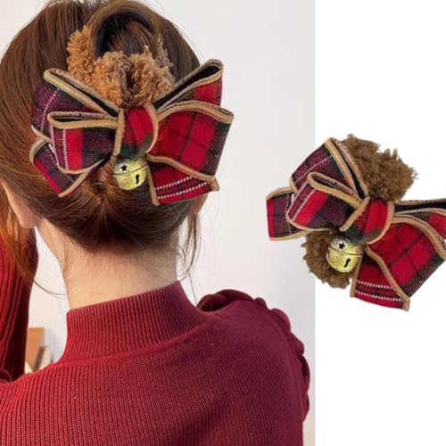 Christmas Red Bow Hair Claw Clip with Bell Rhinestone Holiday Barrette
