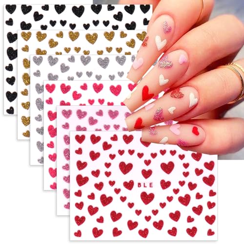 Glitter Heart Nail Stickers 3D Shiny Love Decals for Valentine's Day Manicure