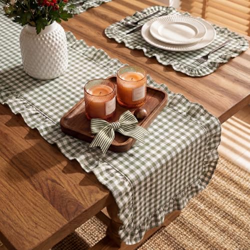Green Gingham Cotton Ruffle Table Runner for 4-6 People - 12x71 Inches, Plaid / Olive Green