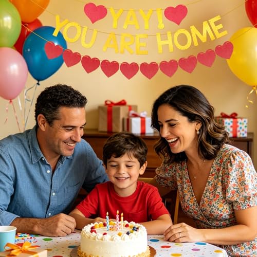 Yay! You Are Home Banner - Glitter Welcome Sign with Hearts