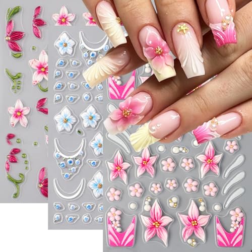 5D Embossed Flower Nail Stickers - 3 Sheets Blue & Pink Spring Floral Decals