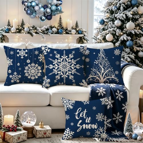 Blue Snowflake Pillow Covers Set of 4 20x20 Inches Christmas Home Decor