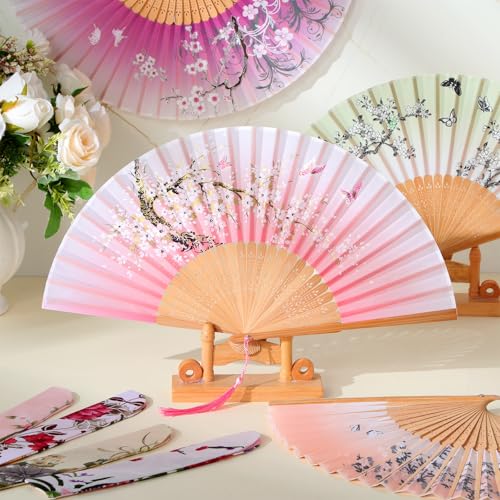 Zonon Silk Handheld Folding Fans - Forest Flowers Print (4 Pack)