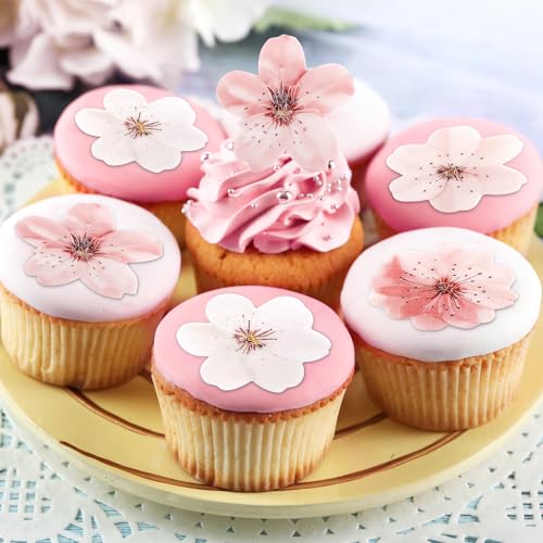 Atiloy Edible Cherry Blossoms Cupcake Toppers 50PCS Spring Cake Decorations