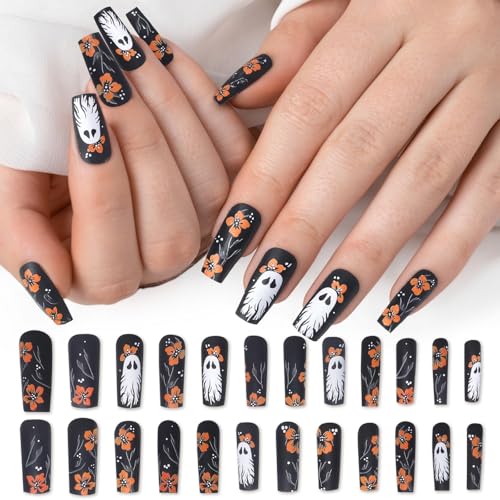 Habbiful Halloween Ghost Press on Nails Gothic Black Coffin Fake Nails