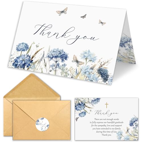 25 Elegant Funeral Thank You Cards with Envelopes | Watercolor Design