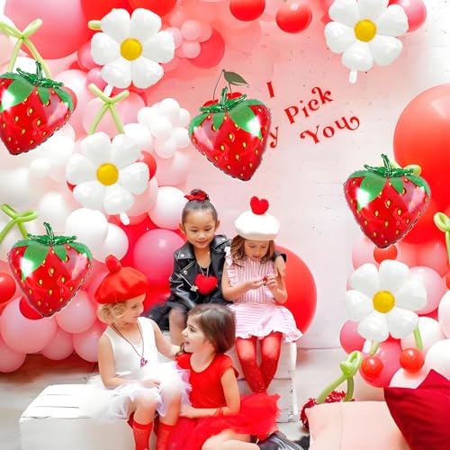 8 Strawberry & Daisy Foil Balloons for Birthday Parties