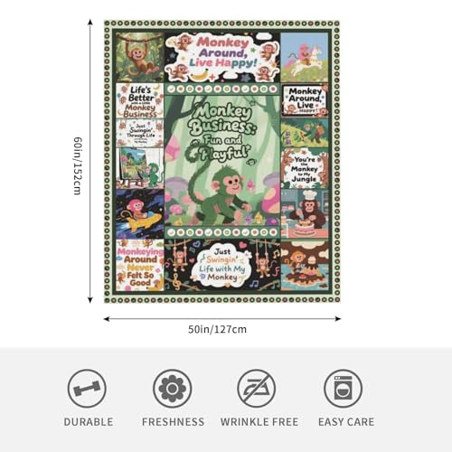 QIVANDOREX Monkey Blanket for Kids, Soft Flannel Throw 60x50 Inch
