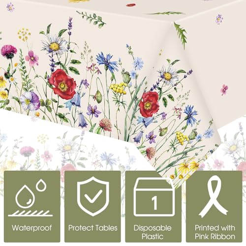 Ganeen 3 Pcs Spring Floral Disposable Plastic Tablecloth 54x108