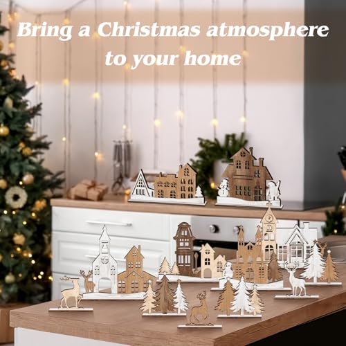 12 Pcs Rustic Christmas Wooden Tree and Elk Table Decor Set