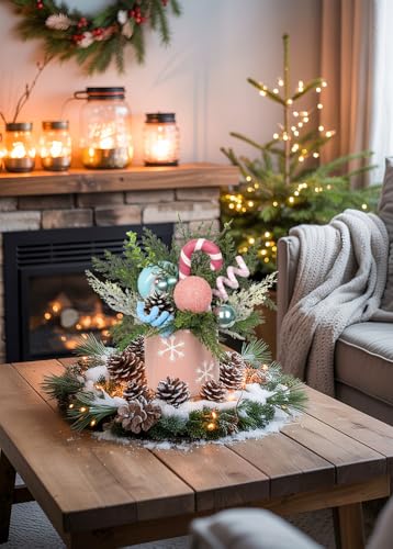 Christmas Centerpieces for Tables with Pink & Blue Ceramic Vase - Holiday Table Decor, Pine Branches & Candy Cane Accents