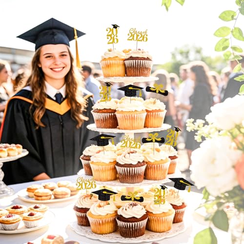 Graduation Cupcake Toppers 2026 - 24 Pack Gold Glitter Decor
