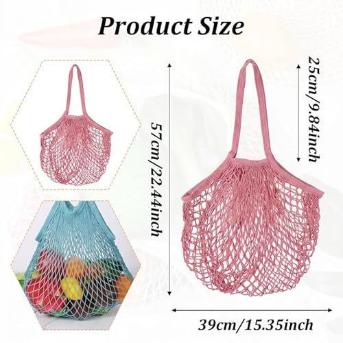 Mabor Mesh Tote Bag Set - Reusable Cotton Grocery Bags, Light Blue & Soft Pink