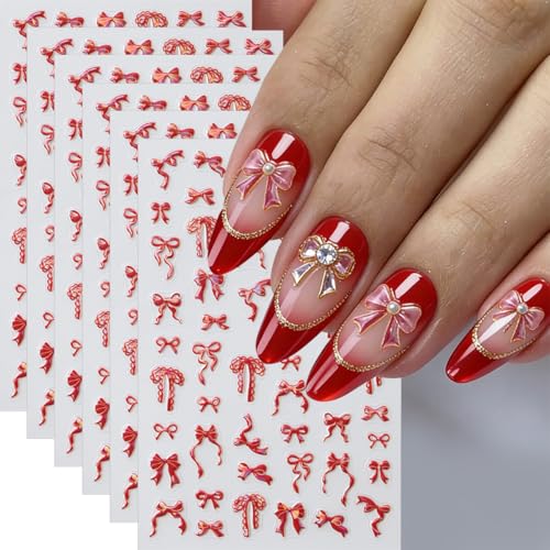 Valentine Red Bow Nail Art Stickers 5D Self-Adhesive Decals 6Pcs