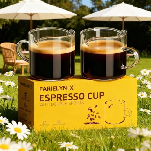 Farielyn-X 5oz Double Spout Espresso Cups Set of 2 - Clear Glass Coffee & Dessert Cups