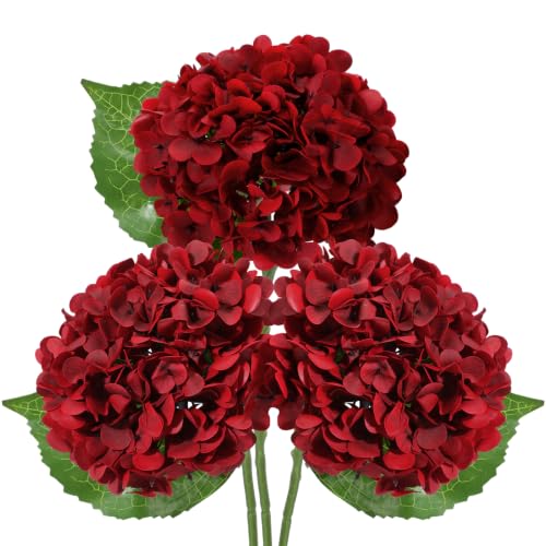 Artificial Hydrangea Flowers 3 Pack - Burgundy 17.7 Inch Christmas Decor