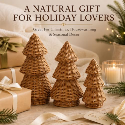 MiniInflat 3-Piece Woven Rattan Christmas Tree Decor Set Classic Weave Burlywood