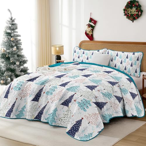 Queen Christmas Quilt Set Blue Xmas Tree 3-Piece Bedding with Pillow Shams - Queen Size