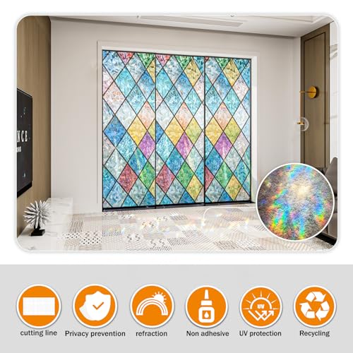 COUNTEWOL Rainbow Privacy Window Film - Stained Glass Effect, 17.5 x 78.7 In