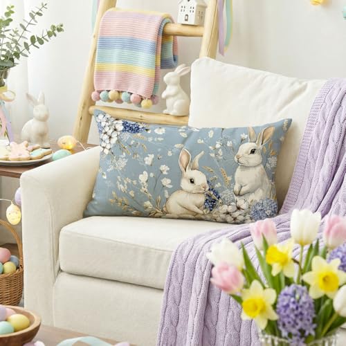 Easter Bunny Blue Throw Pillow Cover - 12x20 Inch Hydrangea Design