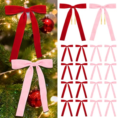 Red and Pink Velvet Christmas Tree Bows - 18 Pack Holiday Decorations, 5x7 Inches, Reusable Velvet Ribbon Bows - Variation: Red/Pink